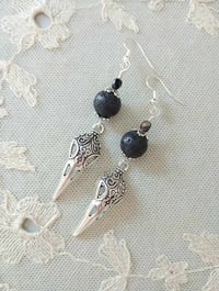 Image 3 of Gothic Raven Skulls Black Lava Bead Earrings, Pierced or Clip On