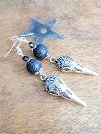 Image 6 of Gothic Raven Skulls Black Lava Bead Earrings, Pierced or Clip On