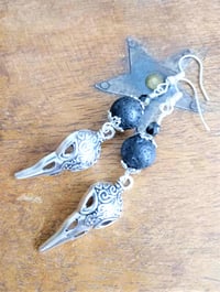 Image 4 of Gothic Raven Skulls Black Lava Bead Earrings, Pierced or Clip On