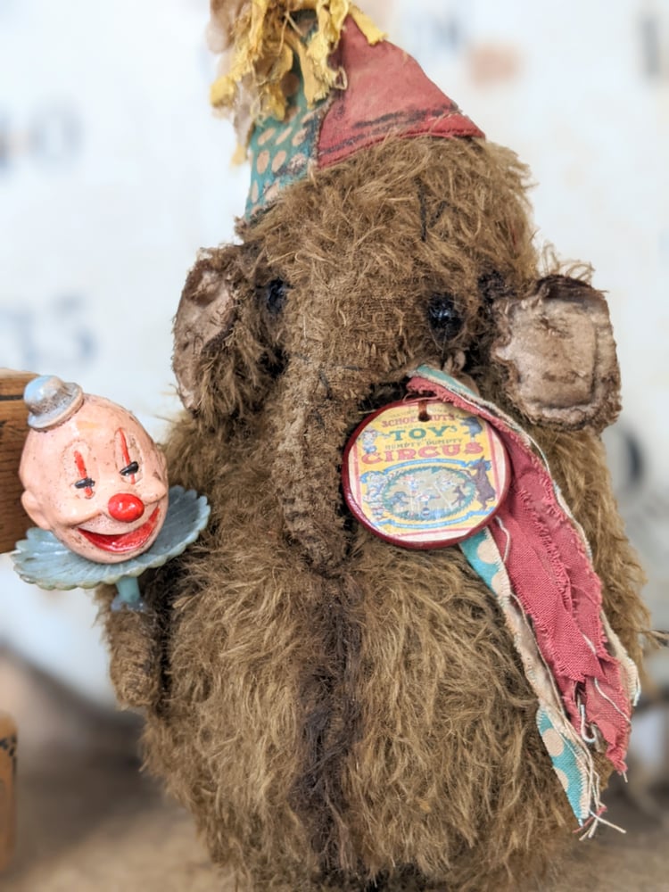 Image of 9" Fat old Vintage ToY Schoenhut  Mohair Elephant holding vintage clown  by Whendi's Bears