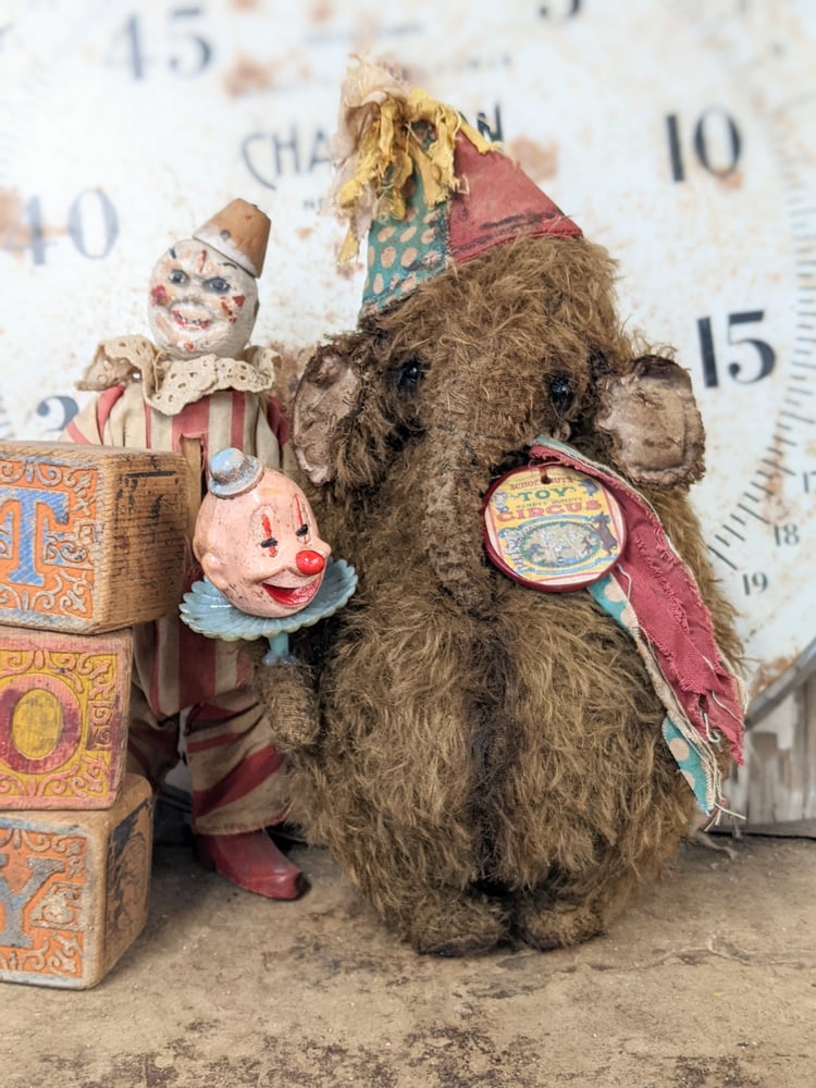 Image of 9" Fat old Vintage ToY Schoenhut  Mohair Elephant holding vintage clown  by Whendi's Bears