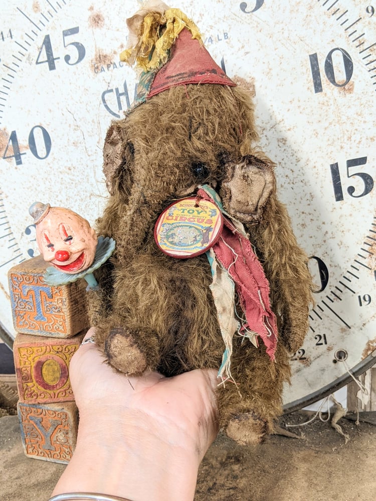 Image of 9" Fat old Vintage ToY Schoenhut  Mohair Elephant holding vintage clown  by Whendi's Bears