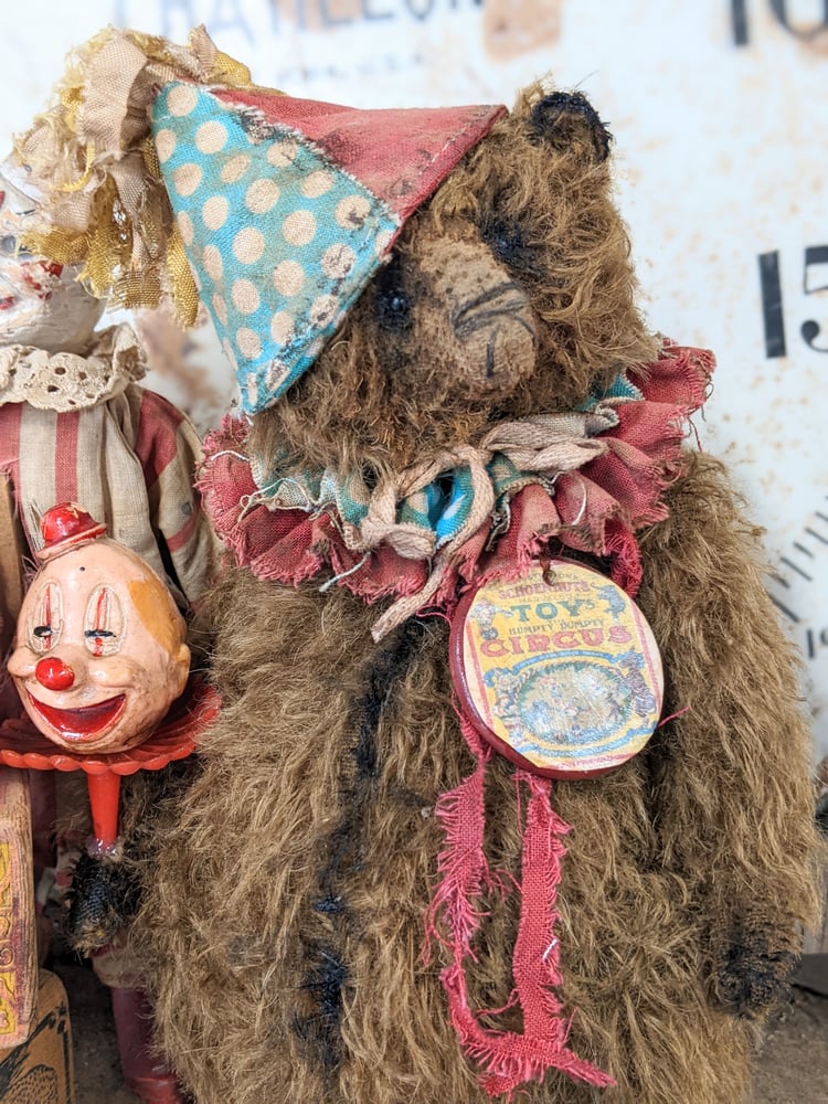 Image of 9" Fat old Vintage ToY Schoenhut  Mohair Teddy Bear holding vintage clown  by Whendi's Bears