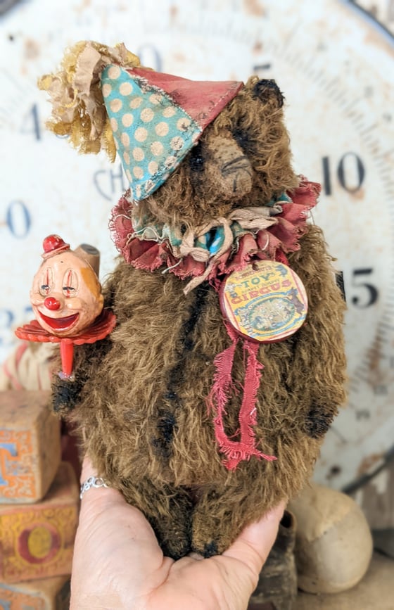 Image of 9" Fat old Vintage ToY Schoenhut  Mohair Teddy Bear holding vintage clown  by Whendi's Bears