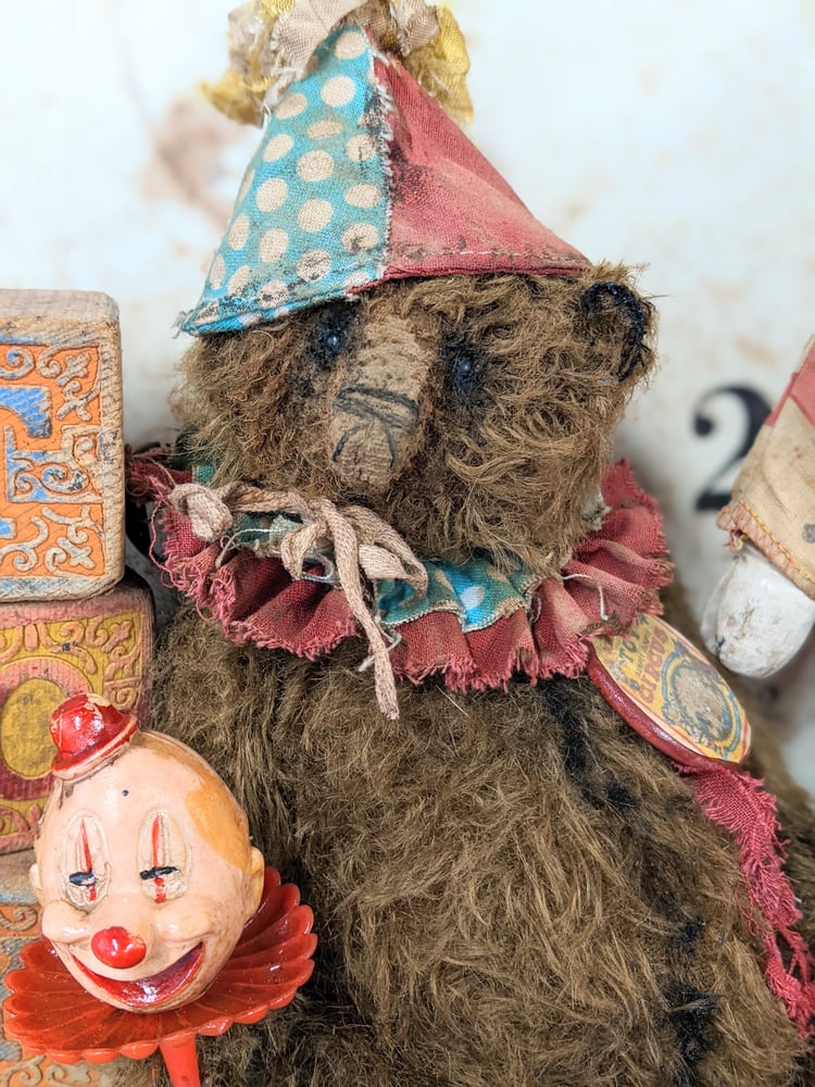 Image of 9" Fat old Vintage ToY Schoenhut  Mohair Teddy Bear holding vintage clown  by Whendi's Bears