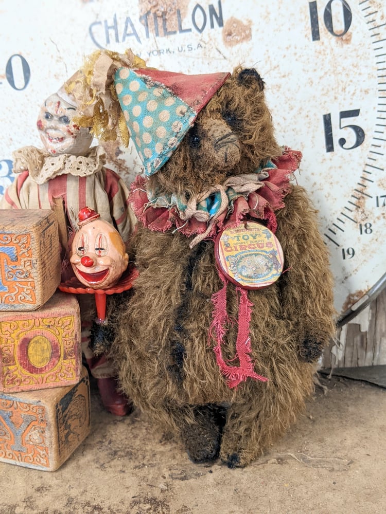 Image of 9" Fat old Vintage ToY Schoenhut  Mohair Teddy Bear holding vintage clown  by Whendi's Bears