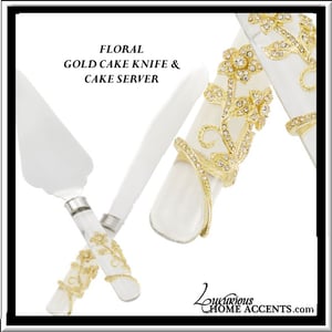 Image of Floral Gold Cake Knife and Server Set