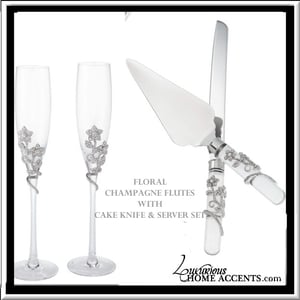 Image of Floral Silver Cake Knife and Cake Server Set