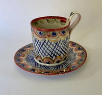 Image 1 of Teacup blue and gold lattice pattern.