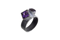 Image 2 of Amethyst twinned ring in oxidised silver. Princess cut and round faceted 