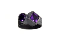 Image 3 of Amethyst twinned ring in oxidised silver. Princess cut and round faceted 