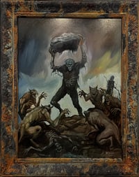 Image 1 of "Frankenstein Vs The Werewolves" - Oil Painting - FRAMED