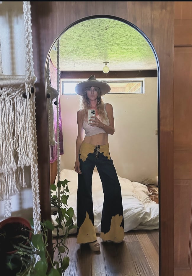 early 1970s leather and denim lace up bell bottom jeans