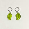 glass green leaf huggie hoop earrings