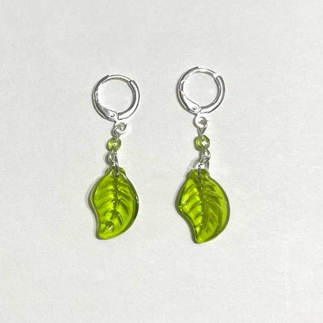 glass green leaf huggie hoop earrings