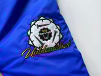 Image 2 of Limited Royal Blue Baseball Jacket with Bright Orange Jesus Logo