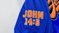Image 3 of Limited Royal Blue Baseball Jacket with Bright Orange Jesus Logo