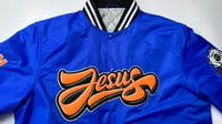 Image 4 of Limited Royal Blue Baseball Jacket with Bright Orange Jesus Logo