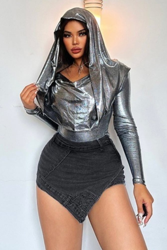 Image of Metallic Hooded Bodysuit 