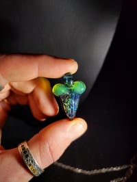 Image 2 of Shark tooth pendant loaded with crushed opal & dichro with green slyme and blue stardust top.