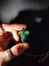 Image 3 of Shark tooth pendant loaded with crushed opal & dichro with green slyme and blue stardust top.