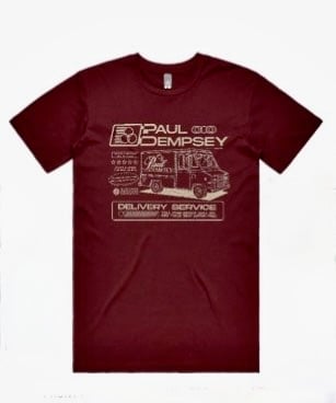 Image of 'Paul Dempsey Delivery Service' Tee on burgundy
