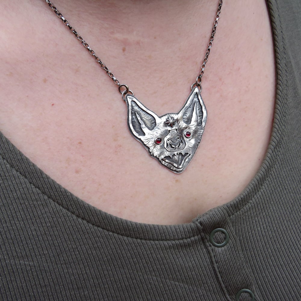 Night's Gaze ~ Barb the Bat Pendant set with Garnet Eyes Sterling Silver