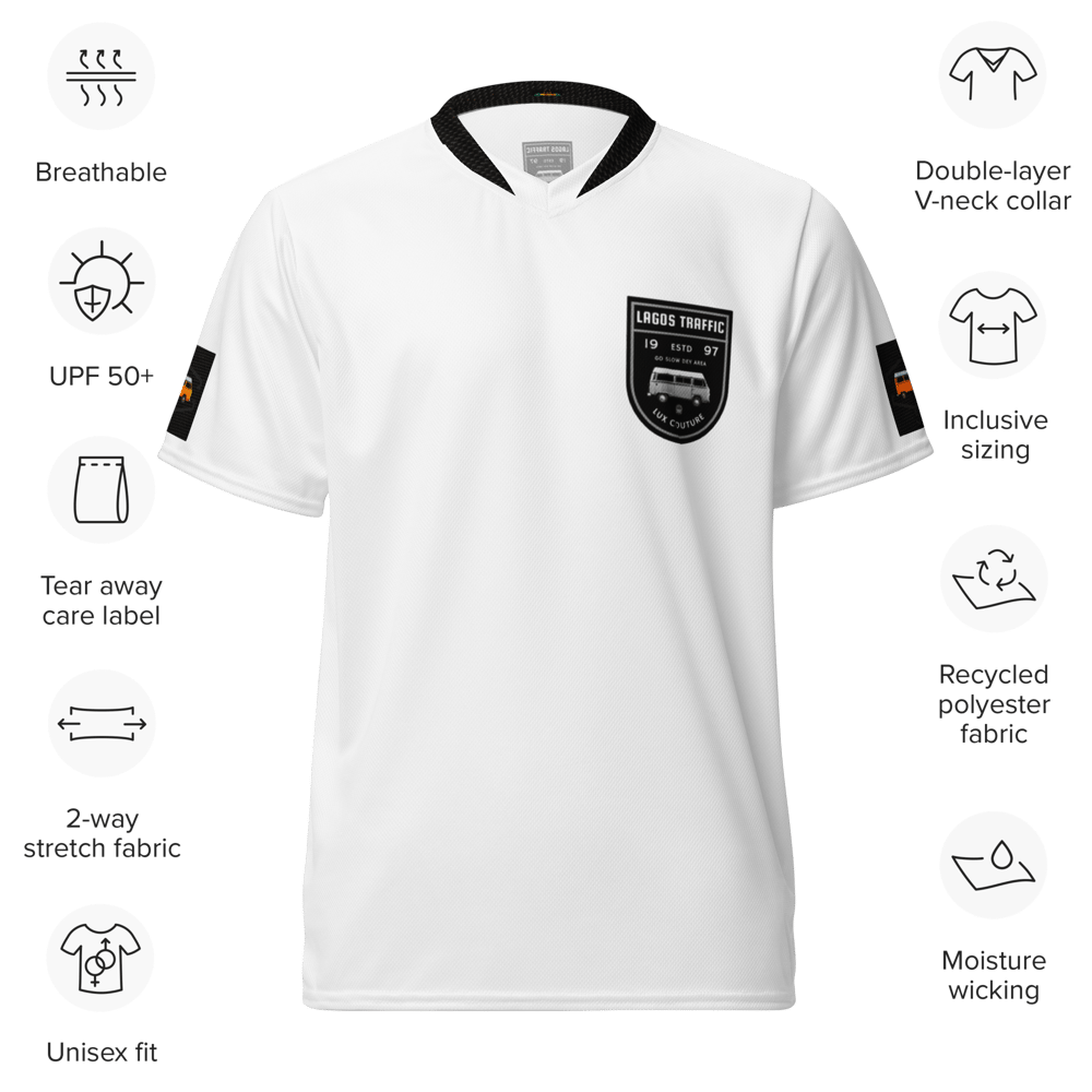 WHITE - LTC BLK/WHT CREST UNISEX V-NECK SPORTS JERSEY