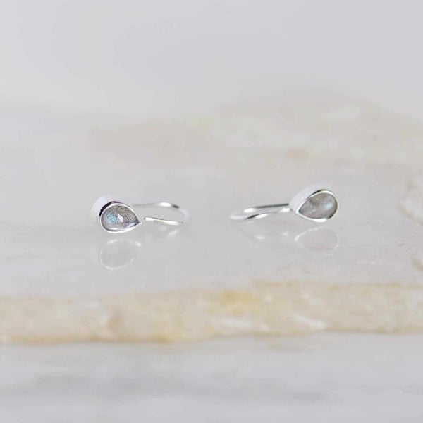 Image of Labradorite Moonstone pear cut wire hook silver earrings