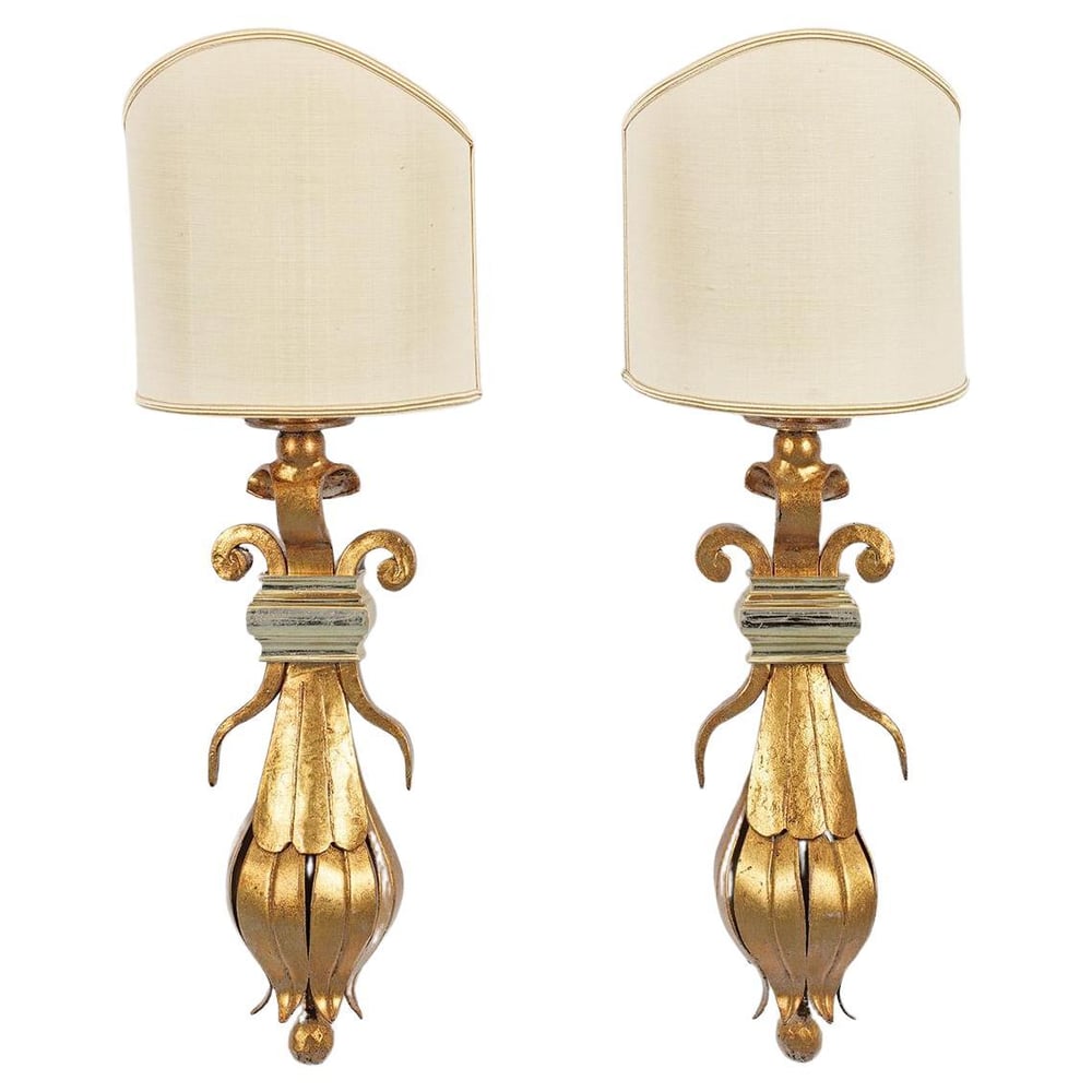 Image of Pair of fine decorative gilt and lacquered distinctive European metal wall sconces with shades