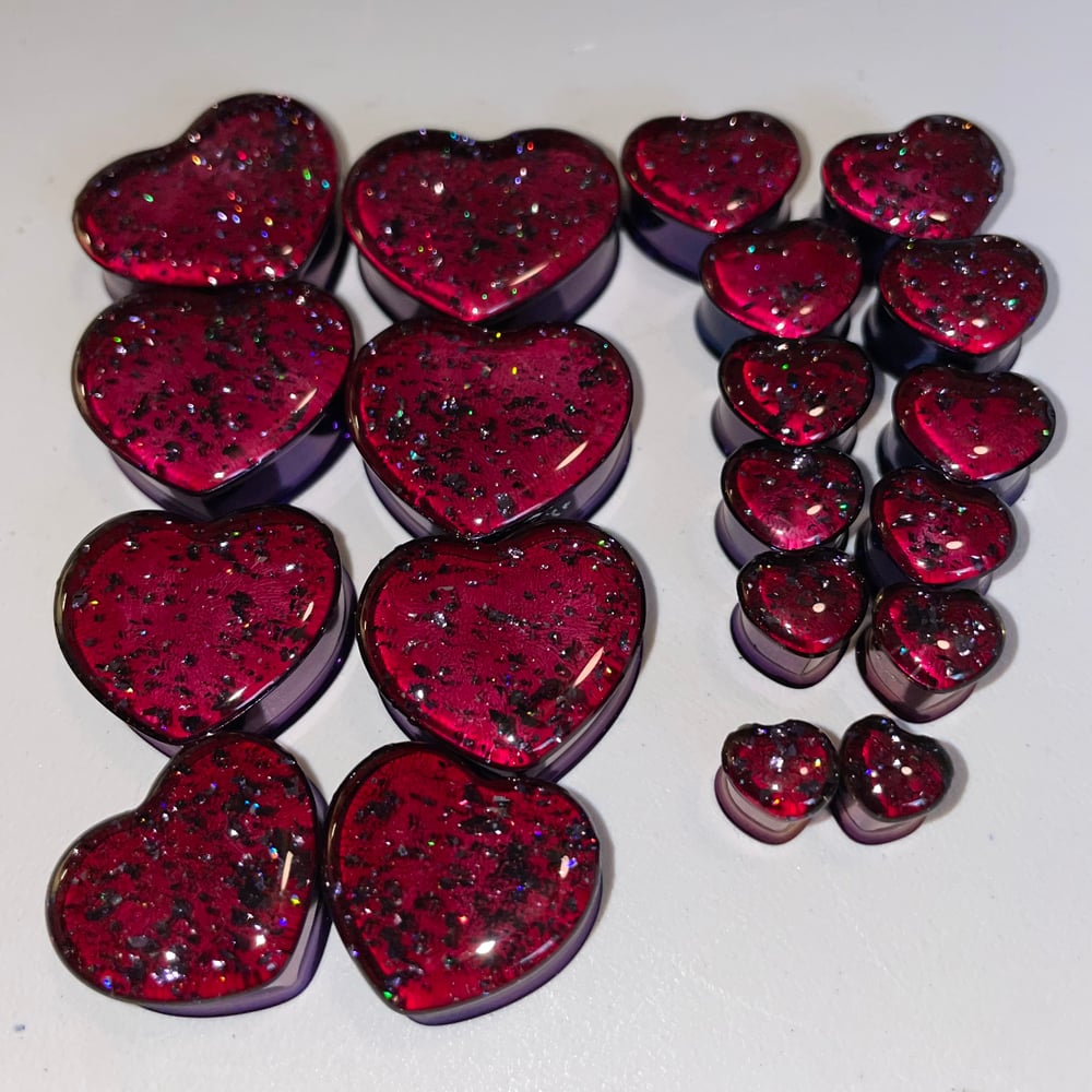 Image of Purple & Red Flake Heart Plugs (sizes 2g-1 1/4)
