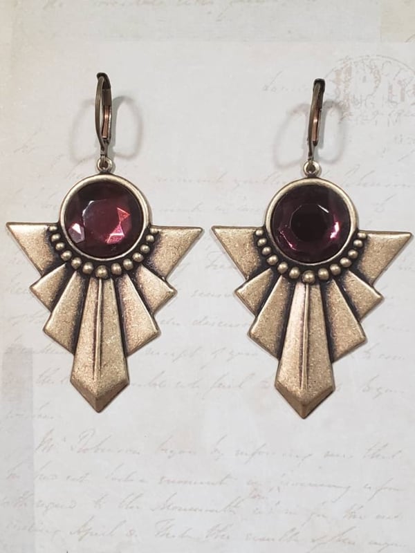 Image of Purple & Gold Art Deco Statement Earrings - 1930s Vintage Style Art Deco Jewelry