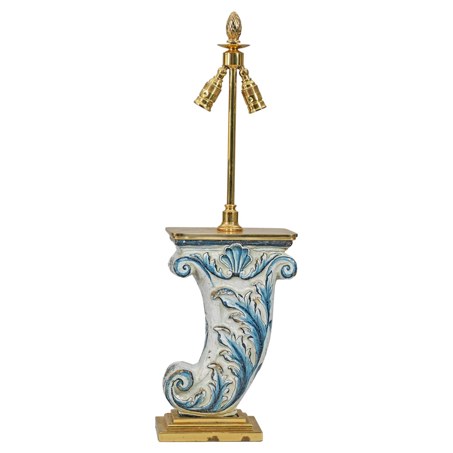 Image of Gilt brass table lamp with Antique Blue and Cream German Faience Architectural Acanthi Fragment