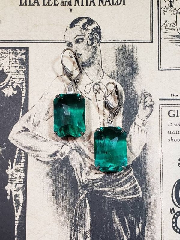 Image of Sheer Emerald Green Art Deco Earrings - 1920s Estate Style Earrings