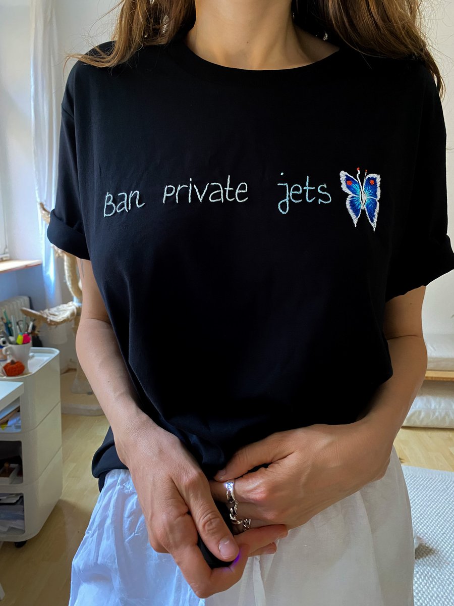 Image of Ban private jets 🦋 hand embroidered t-shirt, oak, organic cotton, unisex