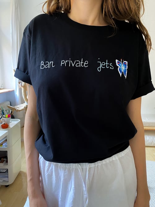 Image of Ban private jets 🦋 hand embroidered t-shirt, oak, organic cotton, unisex