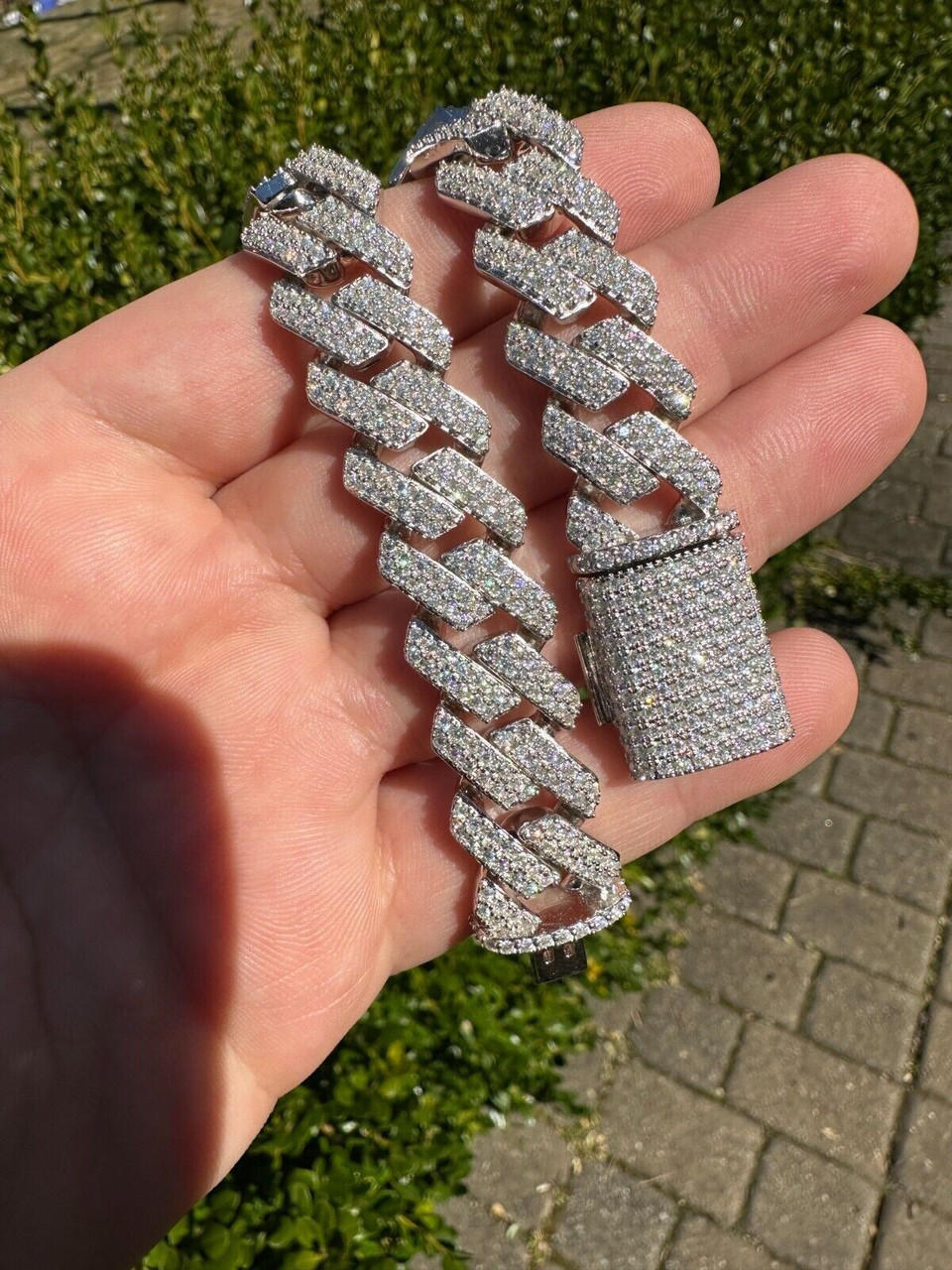 Cuban Link Prong Bracelet Iced Solid 925 Sterling Silver.
