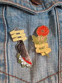 Image 1 of set of 2 enamel pins (knife and poppy)