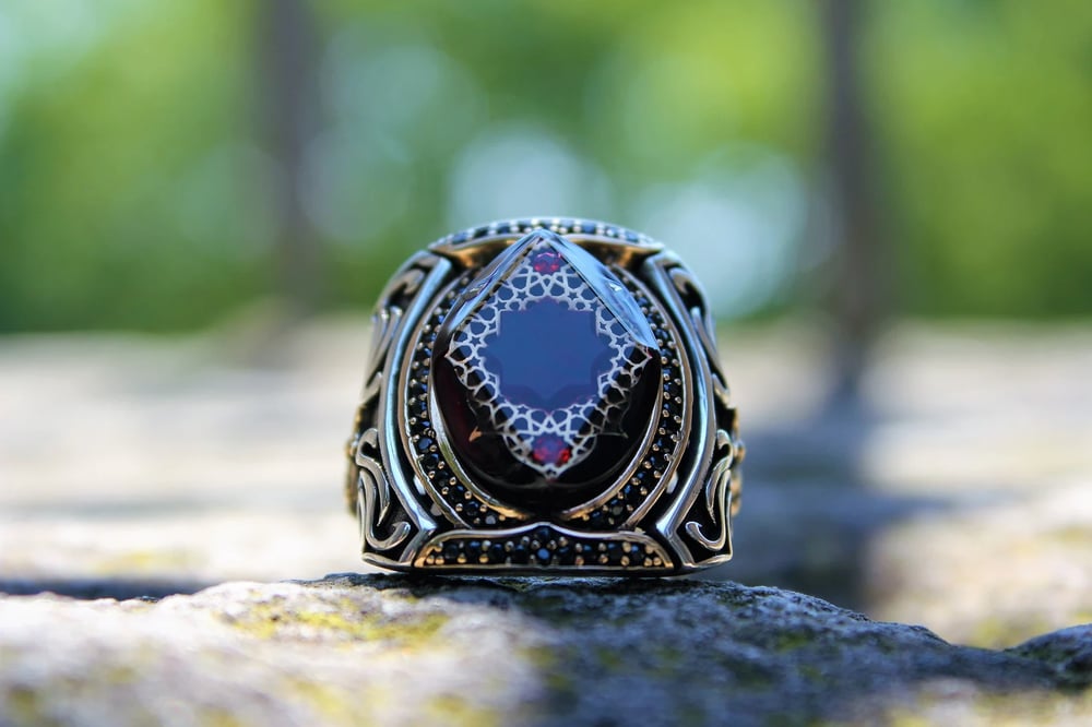 Crimson Red Silver Catalina Ring , Celtic, Boho Style.
