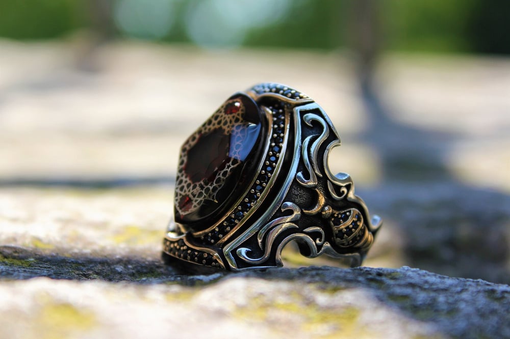 Crimson Red Silver Catalina Ring , Celtic, Boho Style.