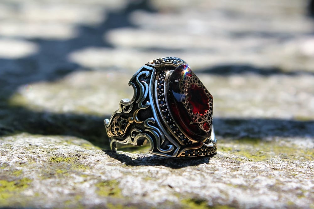 Crimson Red Silver Catalina Ring , Celtic, Boho Style.