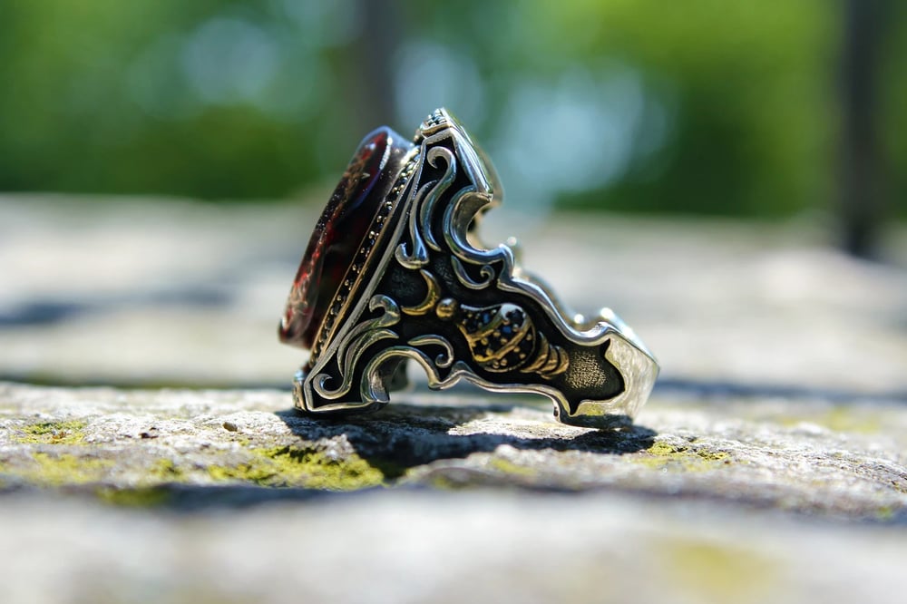 Crimson Red Silver Catalina Ring , Celtic, Boho Style.