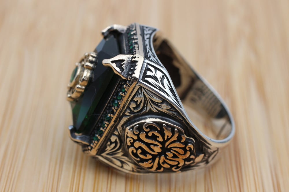 Turkish Handmade Silver Ottoman Mens Ring, Emerald.