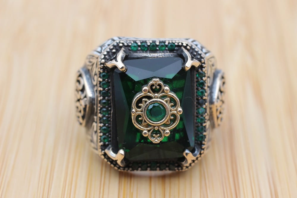 Turkish Handmade Silver Ottoman Mens Ring, Emerald.
