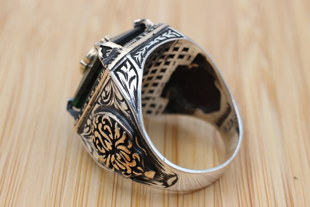 Turkish Handmade Silver Ottoman Mens Ring, Emerald.