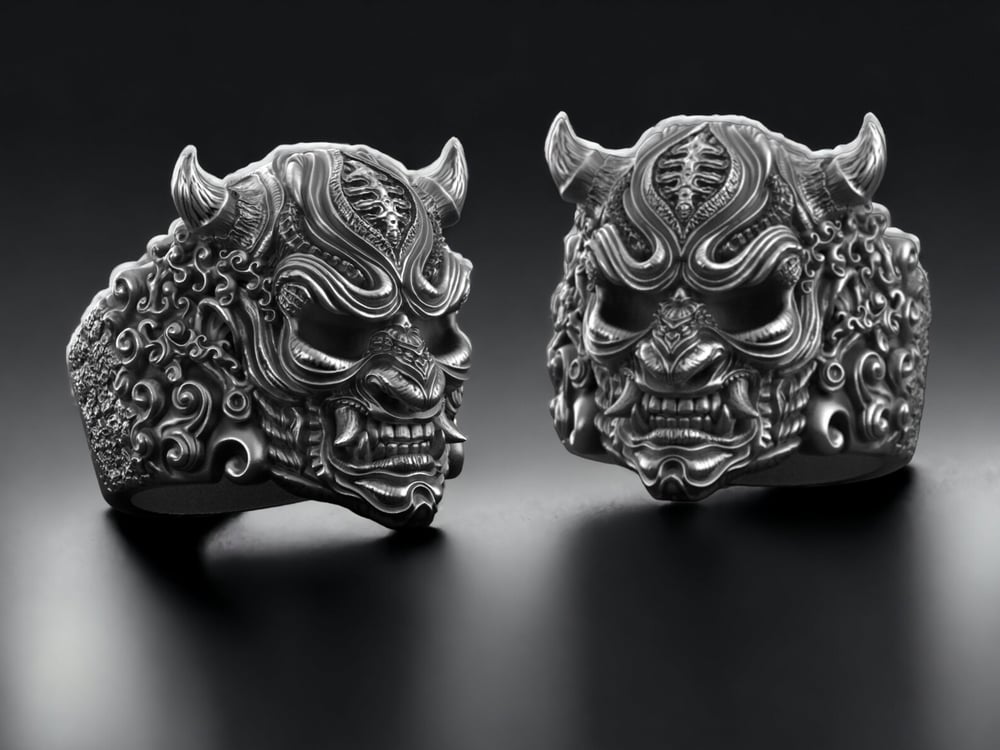 apanese Demon Mask Ring, Hannya Mask Ring, Devil  Signet Ring.