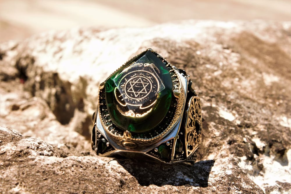 Handmade Seal of Solomon Ring,  Green Ottoman Ring
