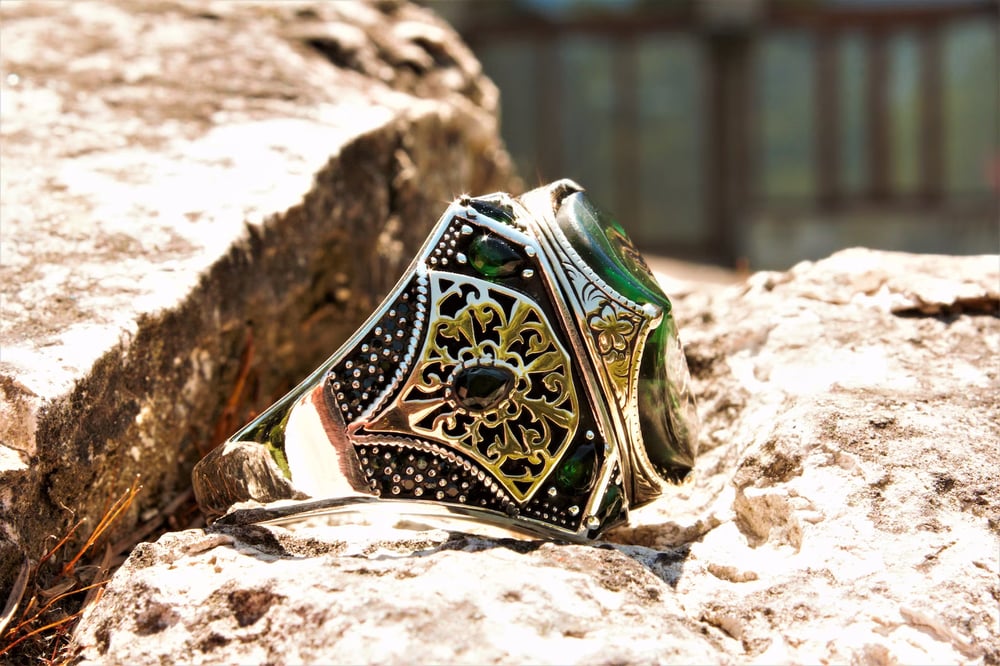 Handmade Seal of Solomon Ring, Green Ottoman Ring