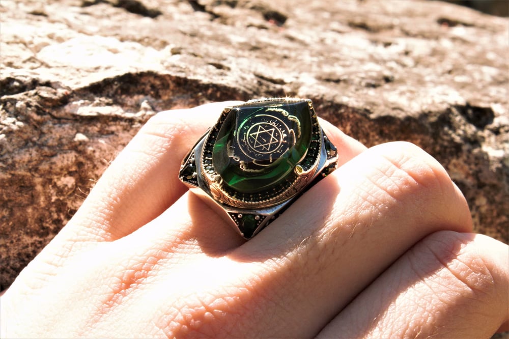 Handmade Seal of Solomon Ring, Green Ottoman Ring
