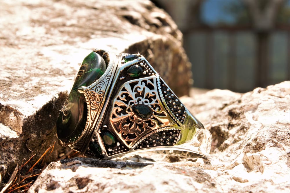 Handmade Seal of Solomon Ring, Green Ottoman Ring